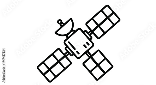 Simple line drawing of a satellite in space featuring solar panels and an antenna