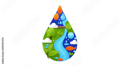Illustration of a colorful water droplet with a scenic landscape, celebrating World Water Day with a design that promotes sustainable living and protection of natural resources on earth.