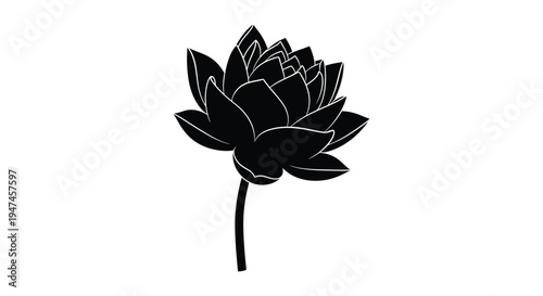 A simple black silhouette of a lotus flower with a long slender stem