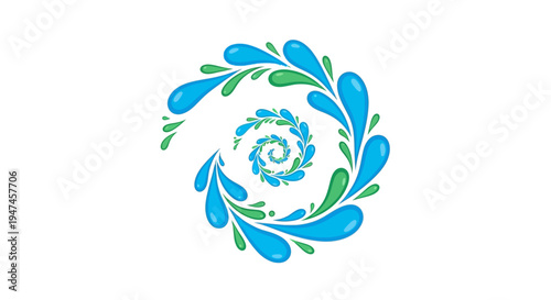 Illustration of a stylized floral design celebrating World Water Day with blue and green water droplets and leaves on a white background, promoting sustainable living and natural resources.