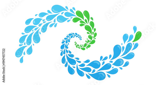 Illustration of a stylized swirl design with blue and green leaves on a white background, celebrating World Water Day and sustainable living.