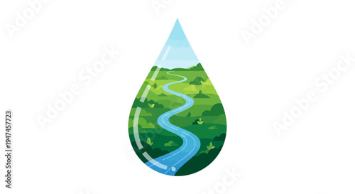 Illustration of a water droplet with a winding river and lush greenery inside, symbolizing sustainable living and natural resources on World Water Day, against a clean white background.