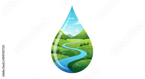 Illustration of a water droplet with a scenic landscape and winding river, symbolizing World Water Day and sustainable living on a clean white background.
