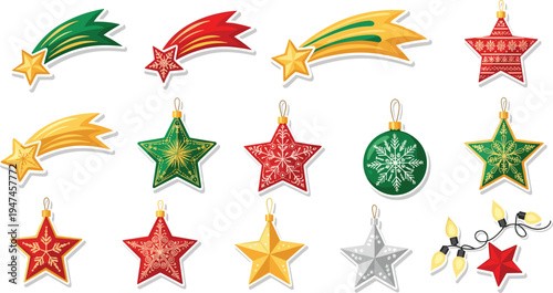 Christmas Ornament Set with Stars, Snowflakes, and Colorful Decorations for Holiday, New Year, and Festive Designs