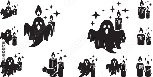 Halloween ghosts and candles with spooky sparkles floating around