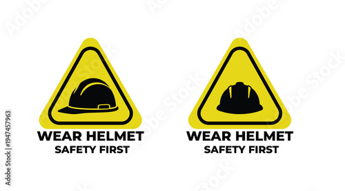 Wear Helmet Safety First Warning Sign Yellow Triangle Construction Safety Helmet Symbol Vector