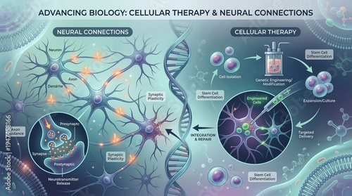 Exploring cellular therapy and neural connections science visuals laboratory environment detailed infographic