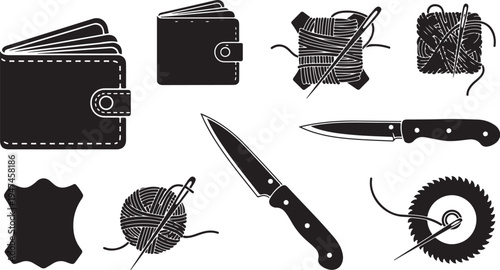Black and white illustration of sewing and knife tools
