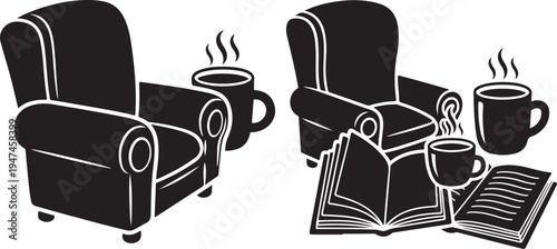 Cozy armchairs with steaming coffee cups and open book