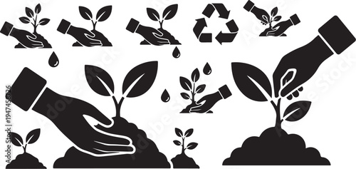 Hands nurturing plants and recycling icons in black silhouette