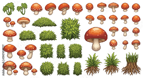 A collection of pixel art game assets featuring various red and white spotted mushrooms, green bushes, and rooted plants on a white background.