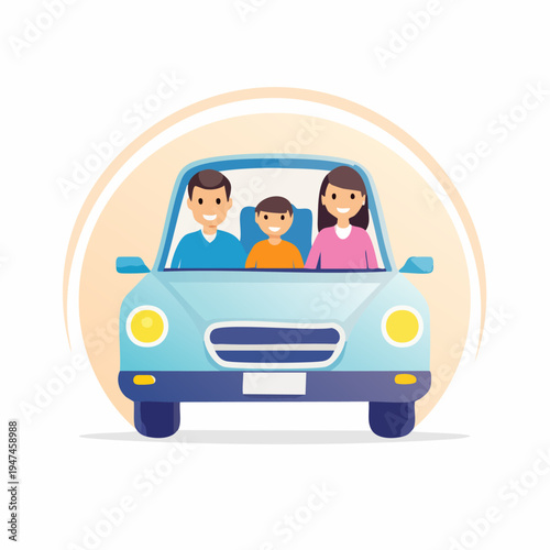 Family Road Trip - Cartoon Illustration of a Happy Family in a Car.