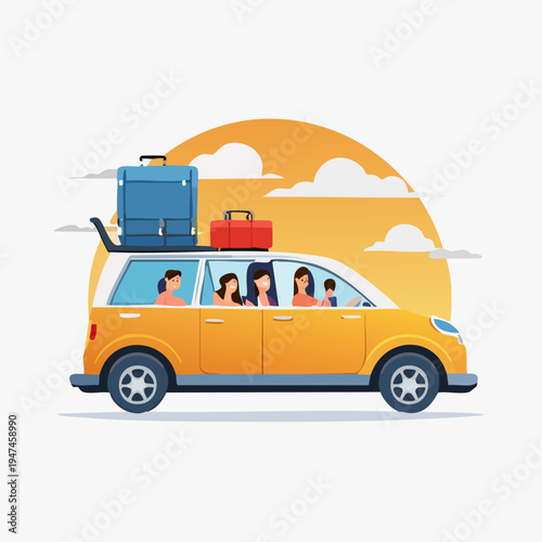 Family road trip in a yellow car with luggage on the roof during sunset.