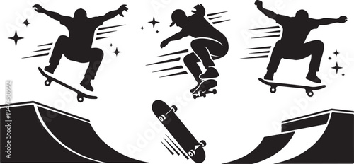 Skateboarders in Action Silhouette Illustration with Motion Lines and Stars