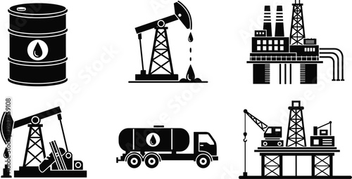 Oil industry silhouettes collection with barrel, pump jack, refinery plant, tanker truck and offshore platform, petroleum extraction and energy production vector icon set