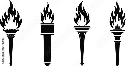 Olympic torch flame silhouettes collection, ceremonial fire torches with burning flame symbols vector illustration set for sports event, victory celebration design isolated on white