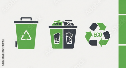 Recycling bins and eco friendly waste management symbols with green and black colors on white background for sustainable living
