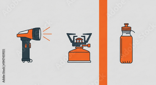 Outdoor gear and equipment for camping and hiking including a flashlight portable stove and water bottle on a gray background with orange accents