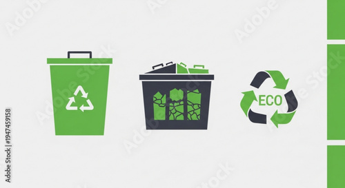 Eco friendly recycling bins and symbol on white background for sustainable living and waste management
