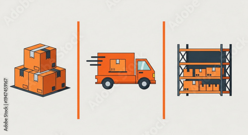 Logistics and delivery concept with truck boxes and warehouse shelving in orange and black