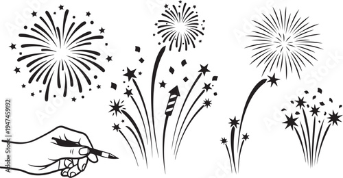 Fireworks illustration with hand drawing sparks and stars exploding