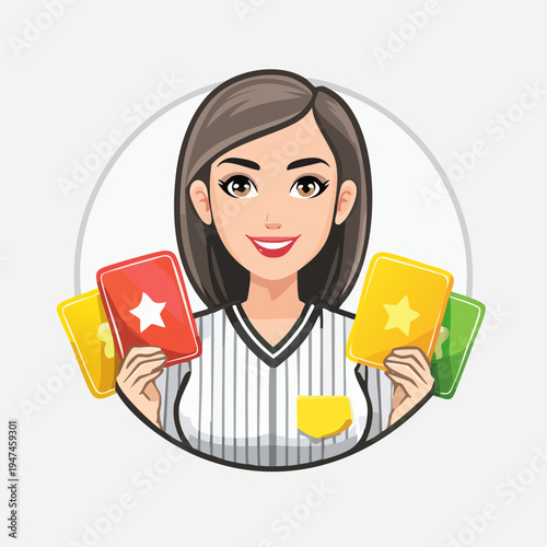 Female Referee Holding Red and Yellow Cards in a Circle Frame.