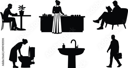 People daily life silhouettes including reading, cooking, cleaning bathroom, washing hands and walking with briefcase, human activity vector illustration set isolated on white background