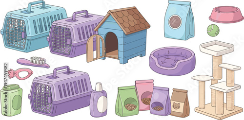 Pet care accessories collection with carriers, pet house, food bags, cat tree, toys and grooming tools, colorful pet shop supplies vector illustration set