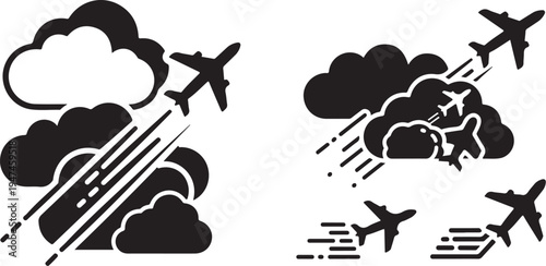 Airplanes Flying Through Clouds with Rain and Stormy Weather