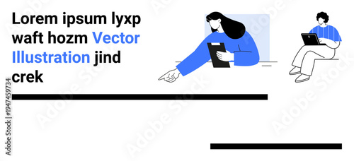 Education, technology, teamwork, remote work, online learning, communication. Minimalist scene with two people using a tablet and laptop. Education and technology effectively