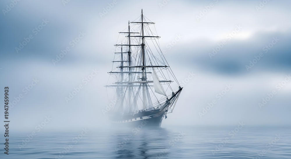 Fototapeta premium Moody and eerie view of the historical Titanic steamship lost in a silent foggy ocean.