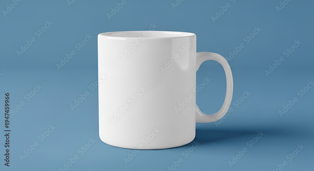 Obraz premium Simple White Ceramic Coffee Mug With Handle Placed Centered On A Solid Light Blue Background With Subtle Shadowing And Soft Lighting Ideal For