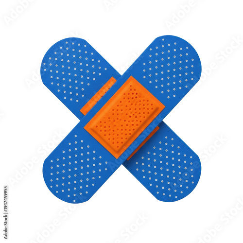 Two cobalt blue textured medical adhesive plasters crossed in an 'x,' showing safety orange pads and white perforations, isolated on a transparent background. Commercial first aid concept