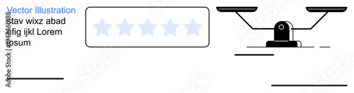 Customer feedback, business ratings, quality control, justice, decision-making, user experience. Five-star rating and balance scale visuals. Customer feedback and business ratings concept