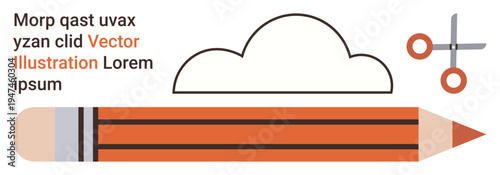Education, creativity, digital tools, stationery, cloud storage, content creation. Pencil, scissors and cloud visual on a blank background. Creativity and education theme elements for modern designs