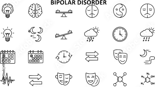 Bipolar Disorder Icons: Mood Swings, Brain, Therapy, Cycles, Time, Balance, Emotions, Health