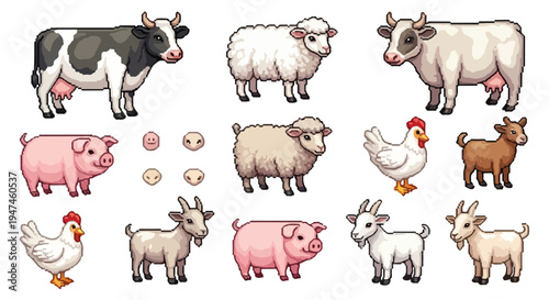 A collection of pixel-art farm animals, including cows, sheep, pigs, chickens, and goats, along with small facial expressions, set against a white background.