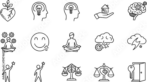 Mental Health and Wellness Icons Set: Brain, Meditation, Happiness, Growth, and Home Ownership Concepts