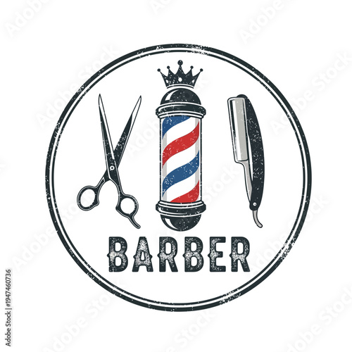 Barber Pole, Scissors, Razor, Crown Emblem