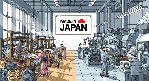 Industrial factory interior with workers and machinery, featuring a 'Made in Japan' sign, with a bright and modern aesthetic.
