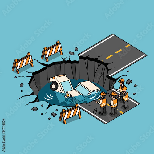 Isometric illustration of a car sinking into a sinkhole on a damaged road with workers.