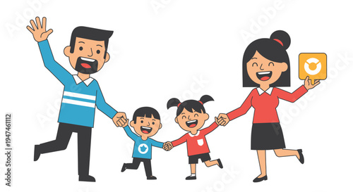 Cheerful Family of Four Enjoying Outdoor Play and Movement. Vector Illustrations. EPS Editable