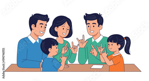 Cheerful Family Group Plays a Friendly Game at Table. Vector Illustrations. EPS Editable