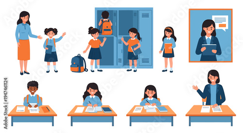 Children in Classroom Learning with Teacher and Friends. Vector Illustrations. EPS Editable