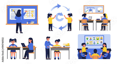 Collaborative Learning And Teamwork In Modern Classrooms. Vector Illustrations. EPS Editable