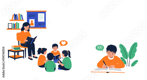 Children Learning in Classroom and Group Study for Reading Development. Vector Illustrations. EPS Editable