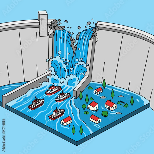 Illustration depicting a dam collapsing, releasing water and flooding a village with boats.