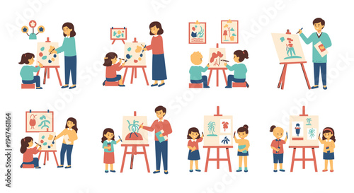 Children Painting Class Fun Artwork In Classroom Scenes. Vector Illustrations. EPS Editable