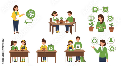 Collaborative Learning Scene With Students At Desks And Plants. Vector Illustrations. EPS Editable