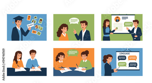 Collaborative Learning and Professional Discussion in Classroom Graphics. Vector Illustrations. EPS Editable